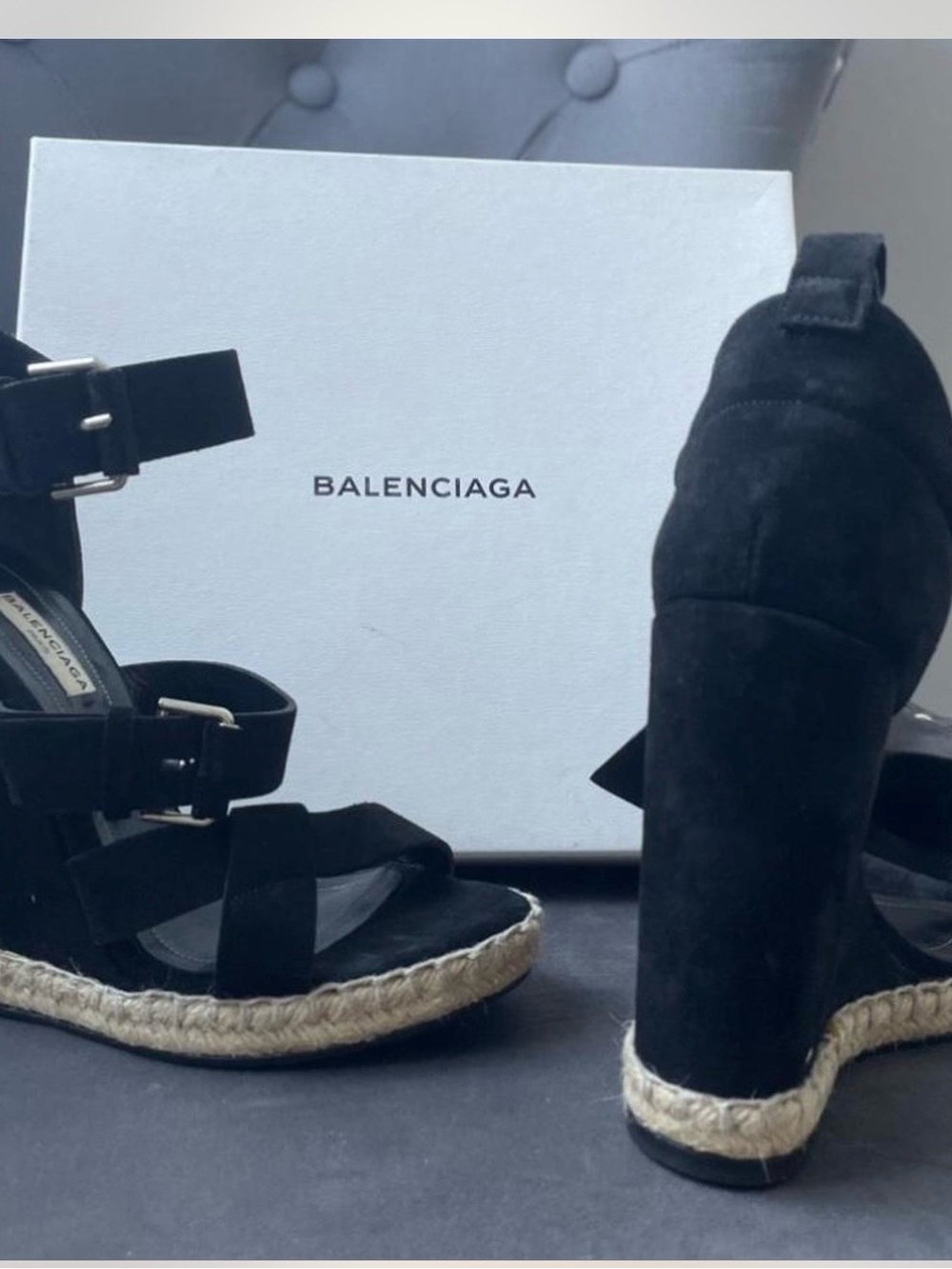 Balenciaga Black Suede Espadrille Wedge Sandals with Ankle Straps - Picture 1 of 5